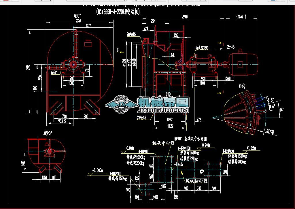Y4һ73 14D偠txL(fng)C(j)bγߴʾD  (Y355Mһ4һ220kW늄әC(j))